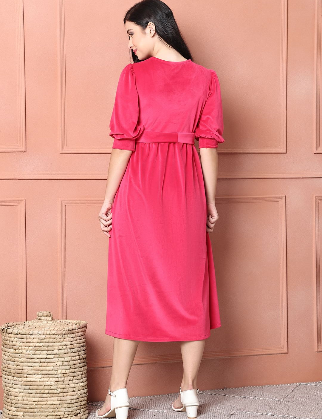 Pink Solid Velour Maternity Dress