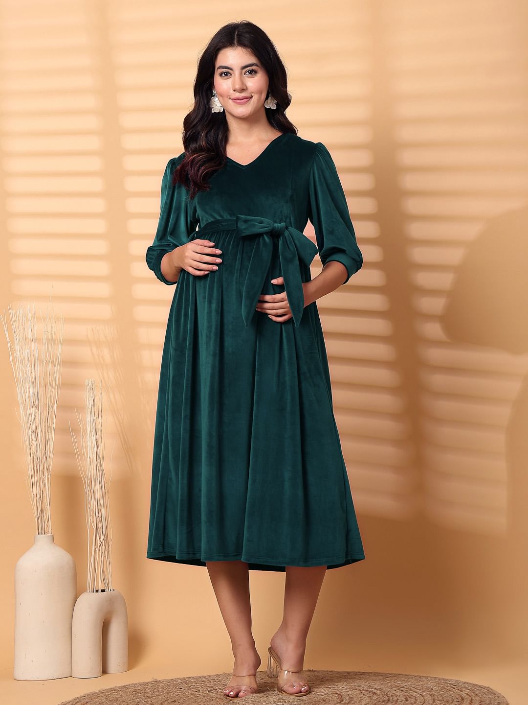 Green Solid Velour Maternity Dress