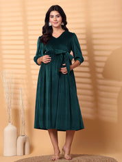 Green Solid Velour Maternity Dress