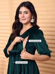 Green Solid Velour Maternity Dress