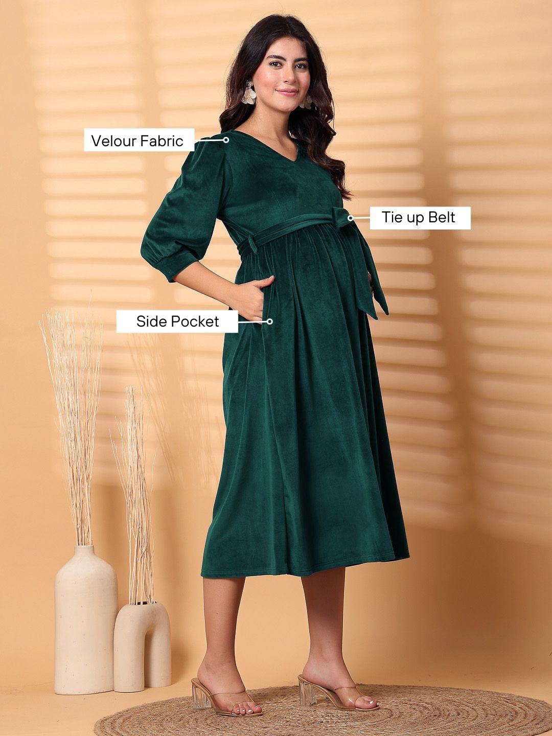 Green Solid Velour Maternity Dress