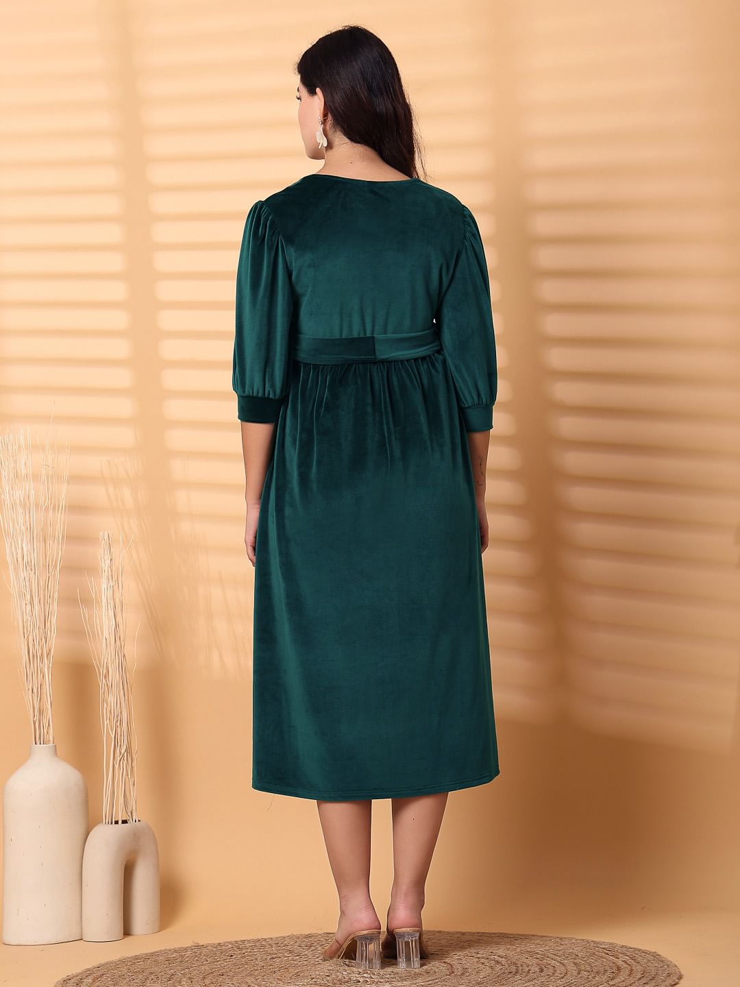 Green Solid Velour Maternity Dress