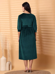 Green Solid Velour Maternity Dress