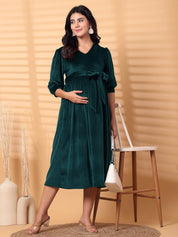 Green Solid Velour Maternity Dress