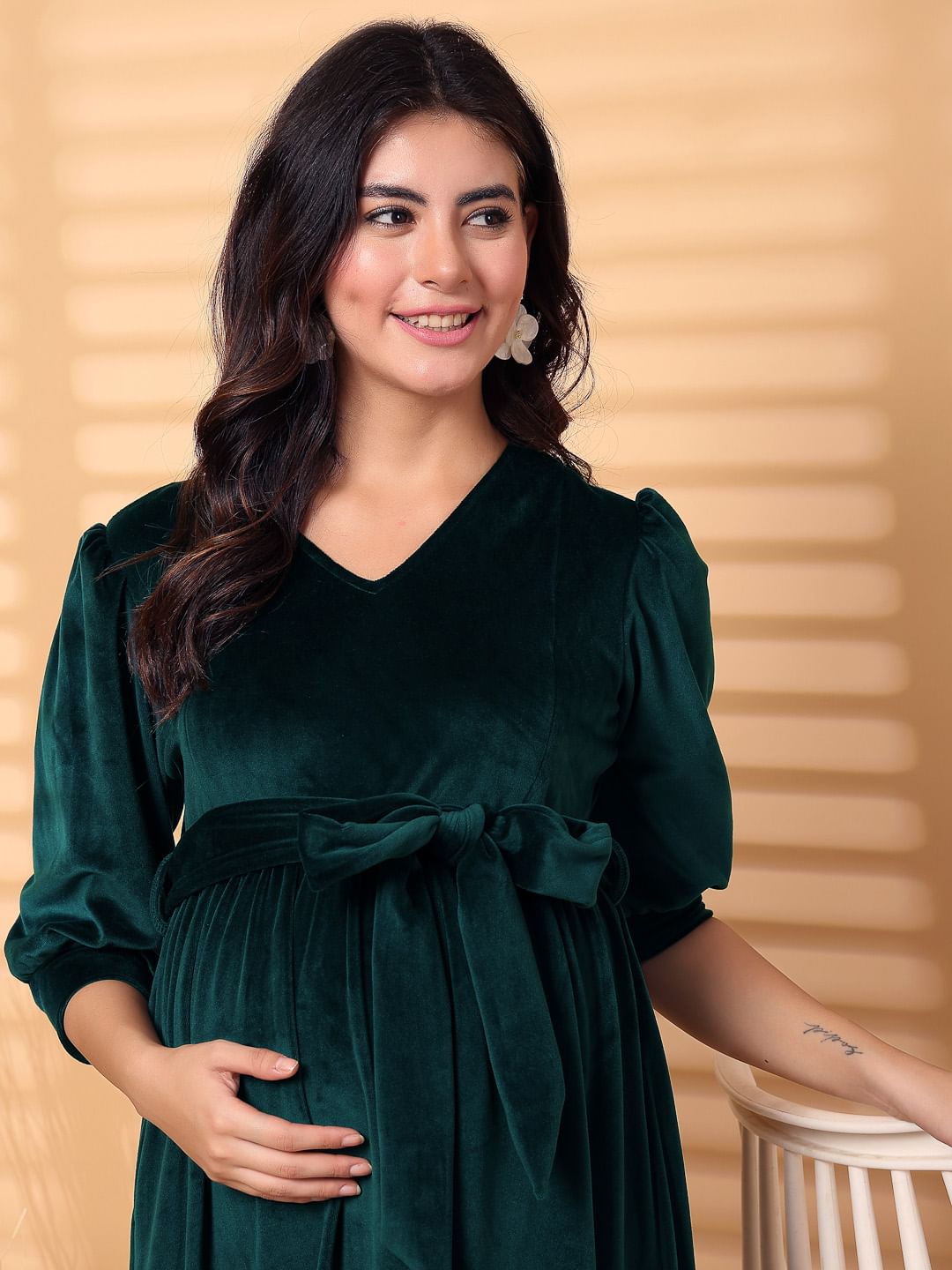 Green Solid Velour Maternity Dress