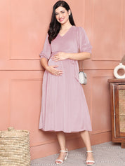 Pink Solid Velour Winter Maternity Dress Calf Length
