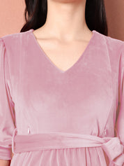 Pink Solid Velour Winter Maternity Dress Calf Length