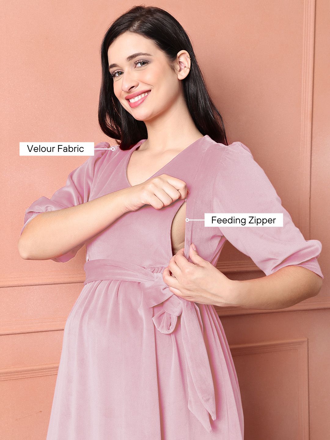 Pink Solid Velour Winter Maternity Dress Calf Length