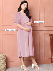 Pink Solid Velour Winter Maternity Dress Calf Length