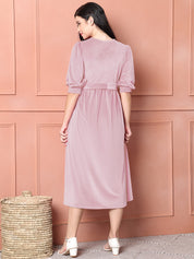 Pink Solid Velour Winter Maternity Dress Calf Length