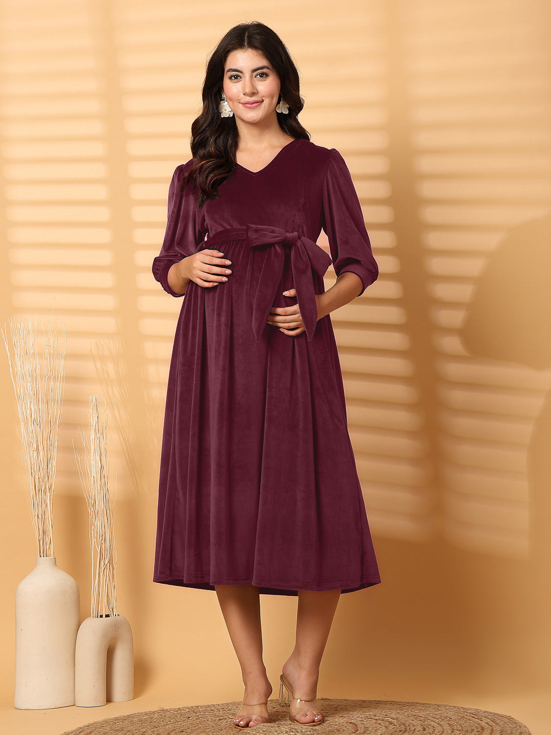 Wine Solid Velour Winter Maternity Dress Calf Length