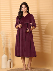 Wine Solid Velour Winter Maternity Dress Calf Length