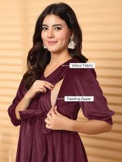 Wine Solid Velour Winter Maternity Dress Calf Length