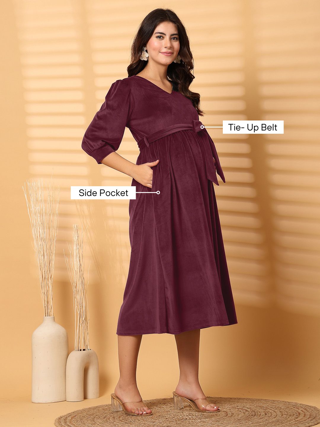 Wine Solid Velour Winter Maternity Dress Calf Length