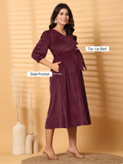 Wine Solid Velour Winter Maternity Dress Calf Length