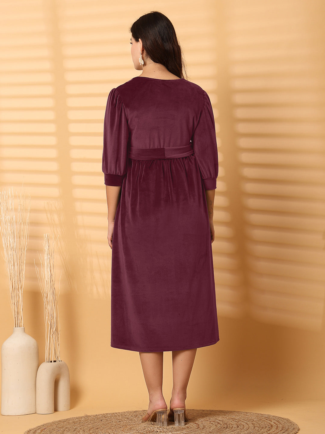 Wine Solid Velour Winter Maternity Dress Calf Length