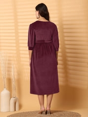 Wine Solid Velour Winter Maternity Dress Calf Length