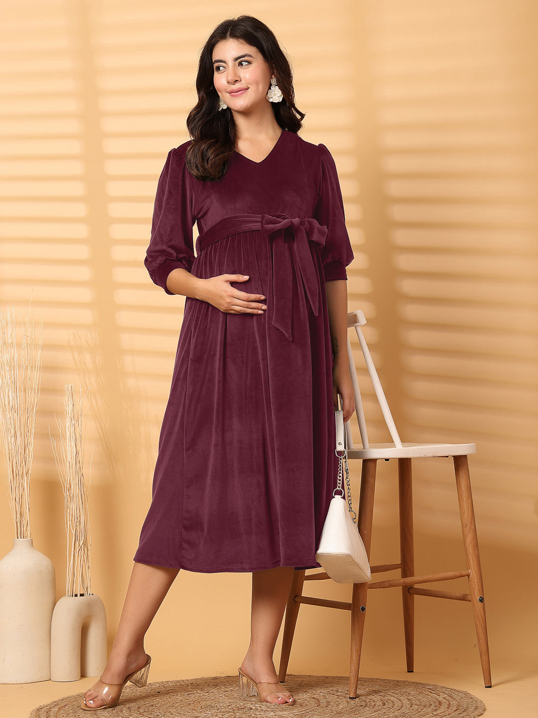 Wine Solid Velour Winter Maternity Dress Calf Length