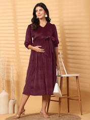 Wine Solid Velour Winter Maternity Dress Calf Length