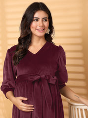 Wine Solid Velour Winter Maternity Dress Calf Length