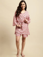 Pink Sanganeri Floral Print 3 Piece Night Suit