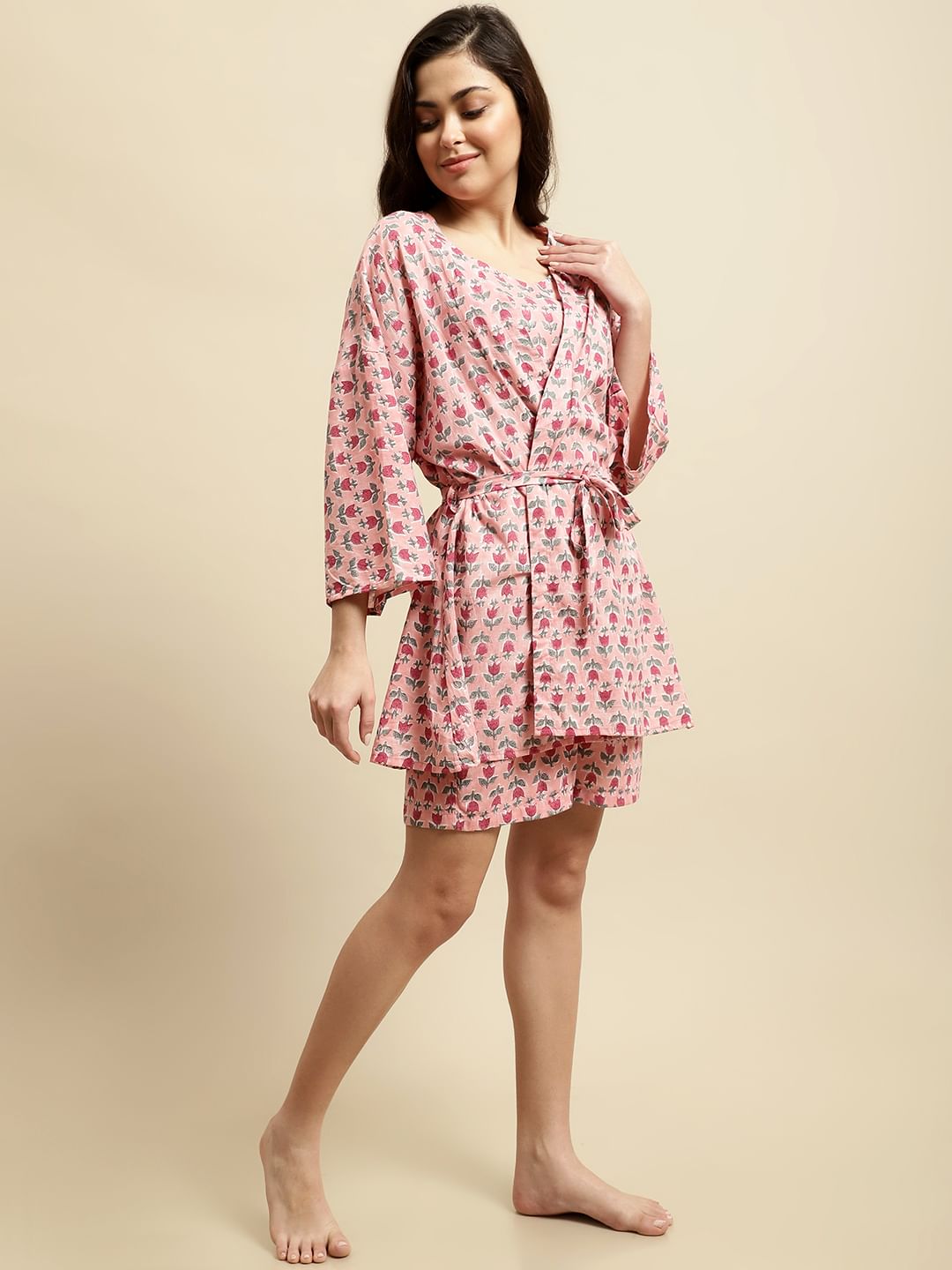 Pink Sanganeri Floral Print 3 Piece Night Suit