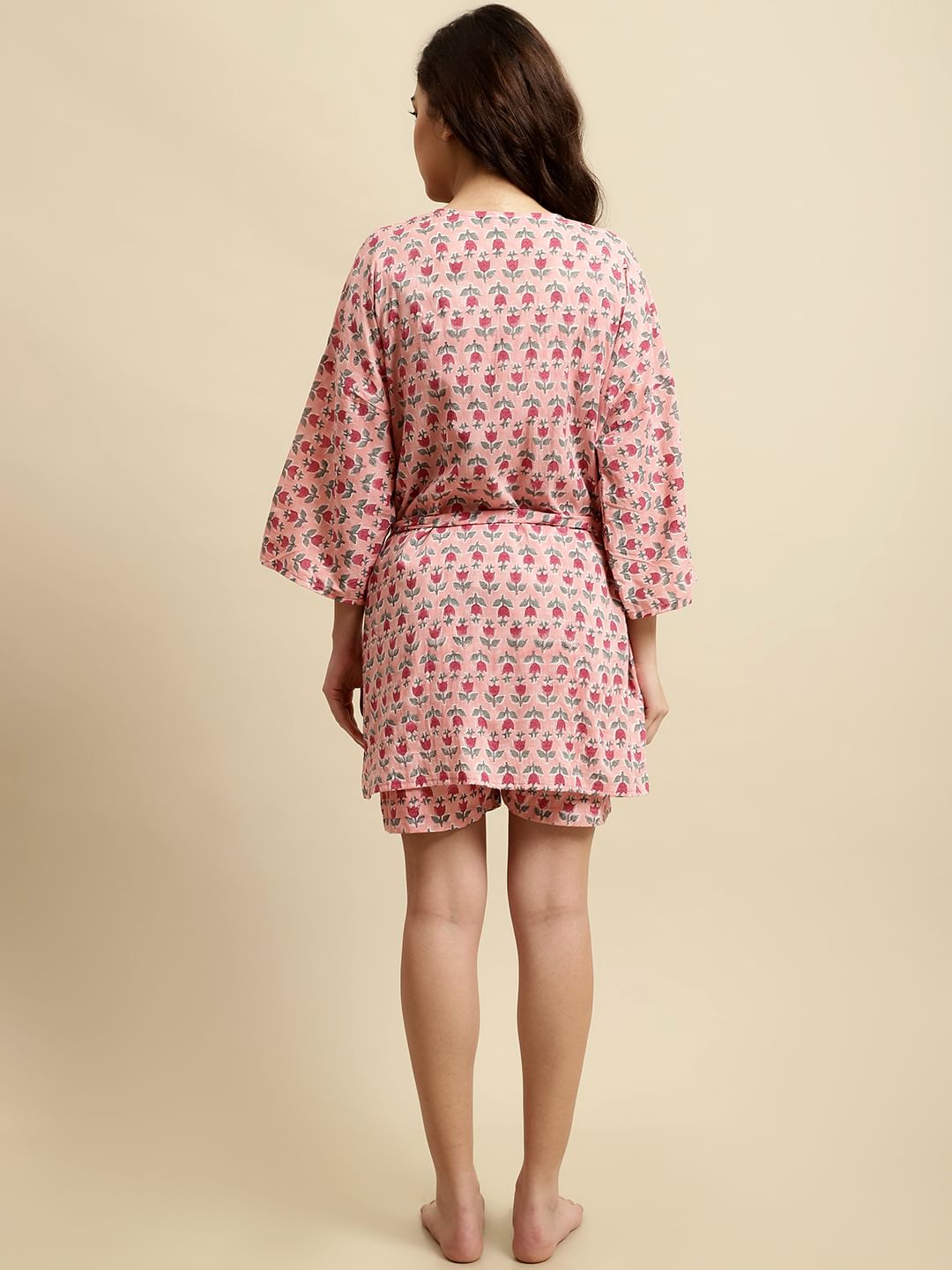 Pink Sanganeri Floral Print 3 Piece Night Suit