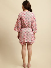 Pink Sanganeri Floral Print 3 Piece Night Suit