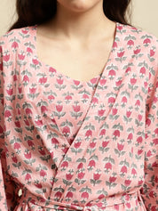 Pink Sanganeri Floral Print 3 Piece Night Suit