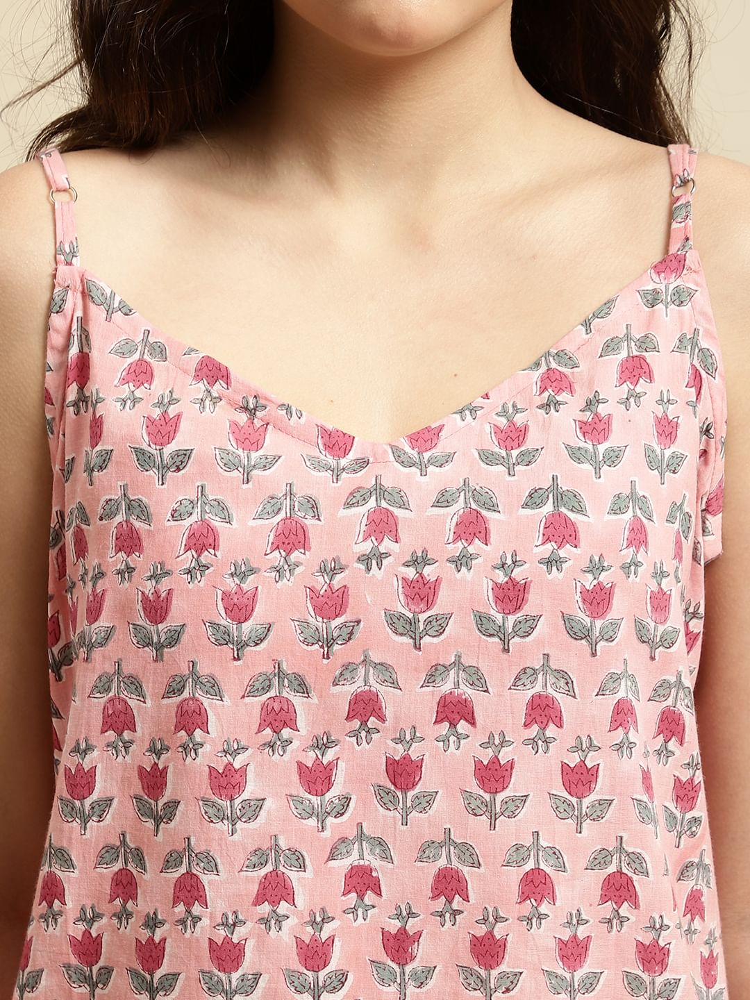 Pink Sanganeri Floral Print 3 Piece Night Suit