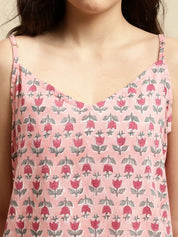 Pink Sanganeri Floral Print 3 Piece Night Suit