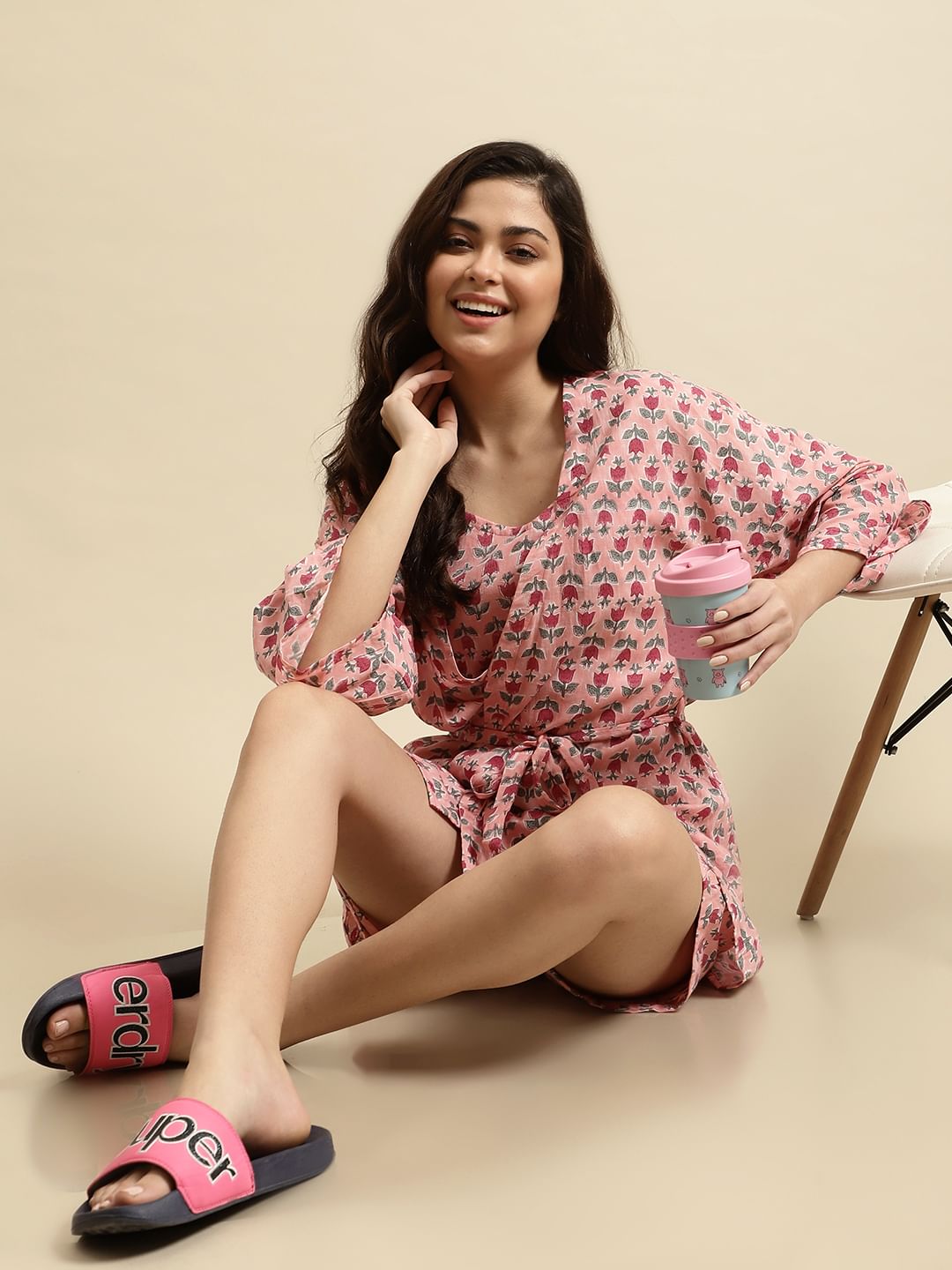 Pink Sanganeri Floral Print 3 Piece Night Suit