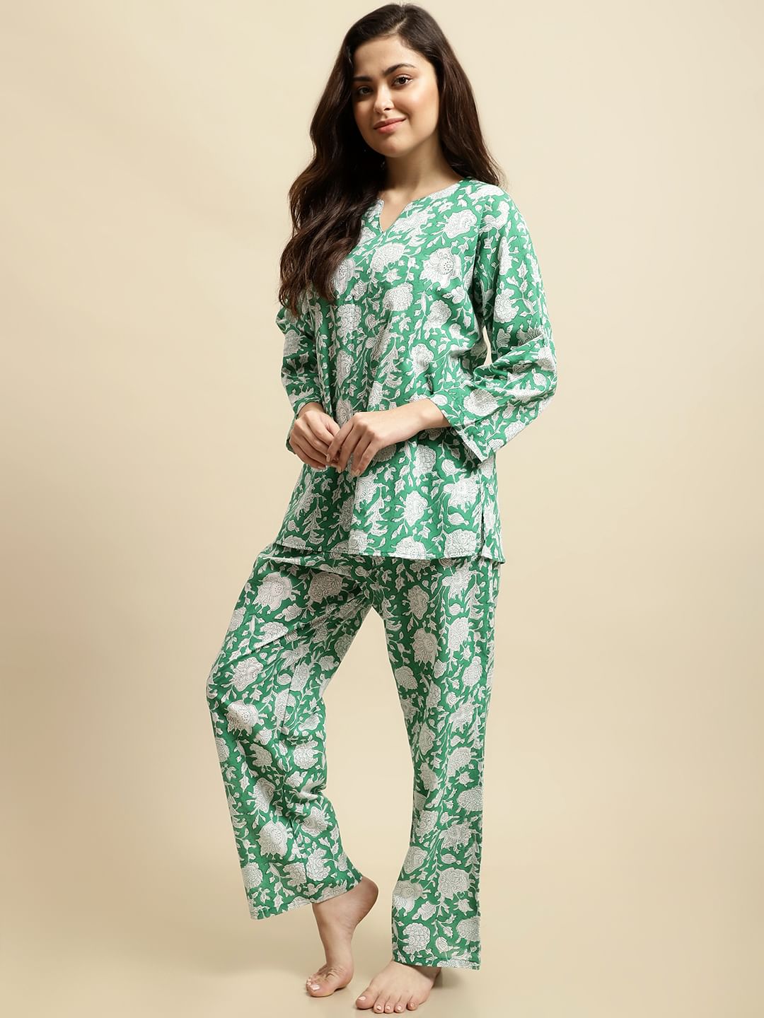 Turquoise Green & White Block Print Co-ord Set