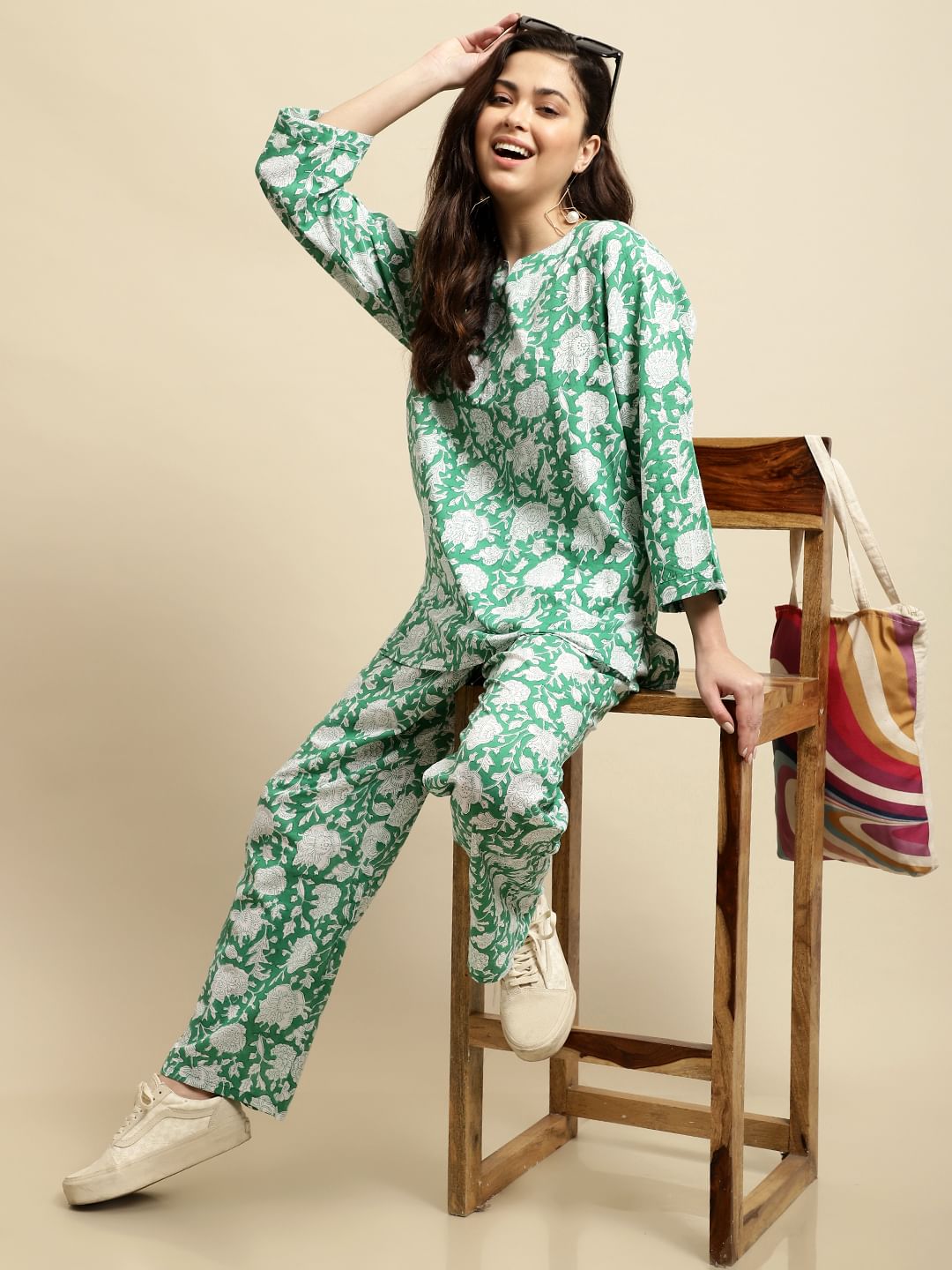 Turquoise Green & White Block Print Co-ord Set