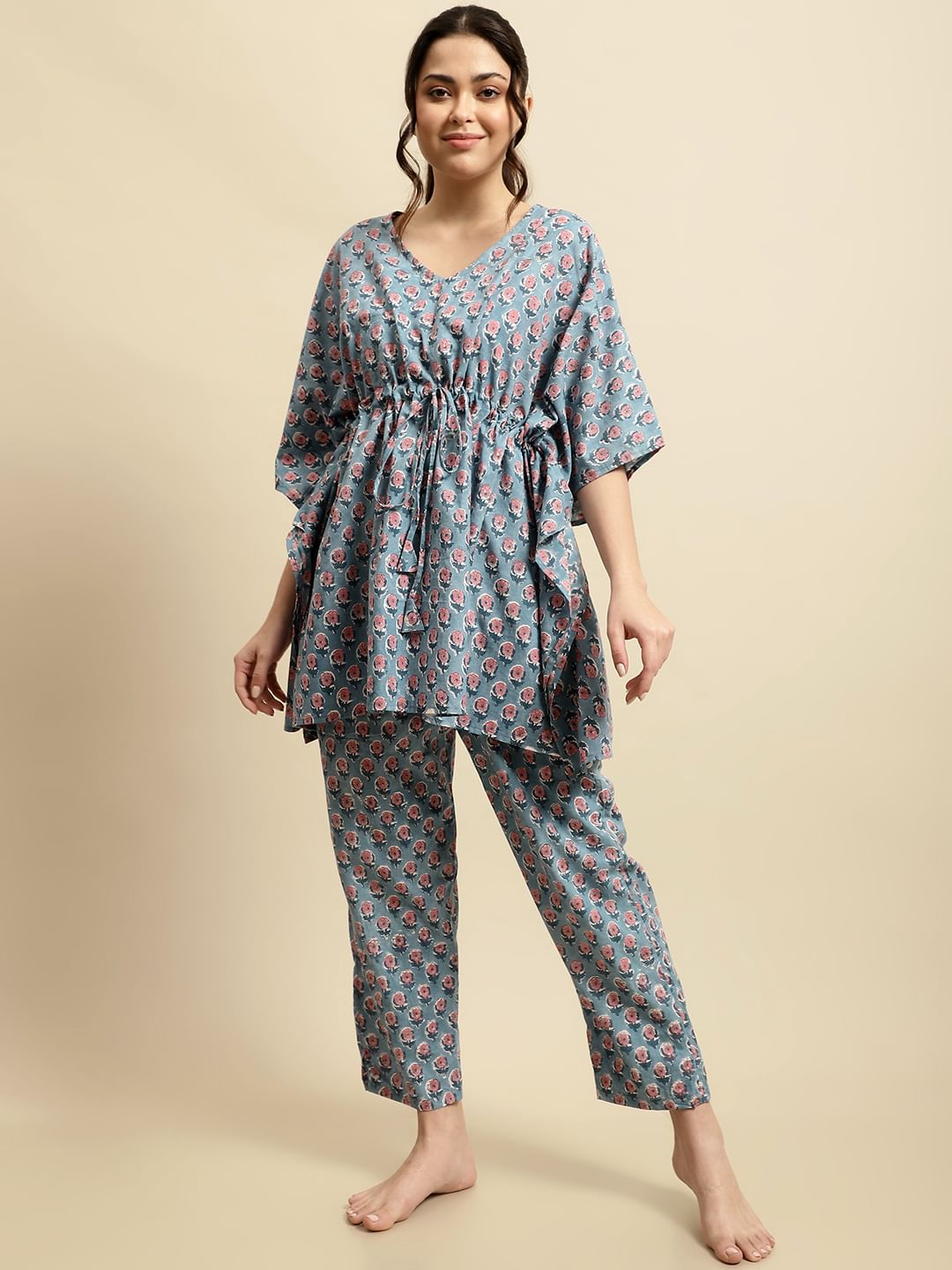 Blue & Pink Floral Block Print Kaftan Night Suit