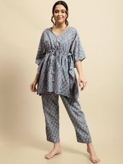 Blue & Pink Floral Block Print Kaftan Night Suit