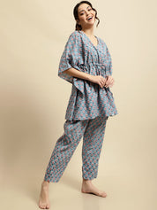 Blue & Pink Floral Block Print Kaftan Night Suit