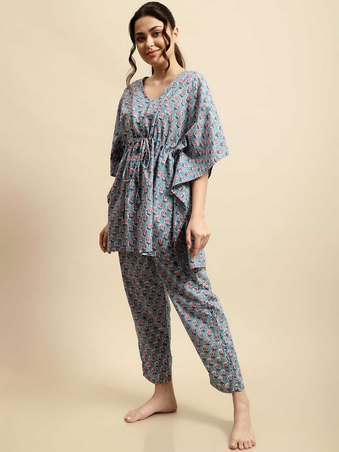 Blue & Pink Floral Block Print Kaftan Night Suit