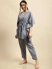 Blue & Pink Floral Block Print Kaftan Night Suit