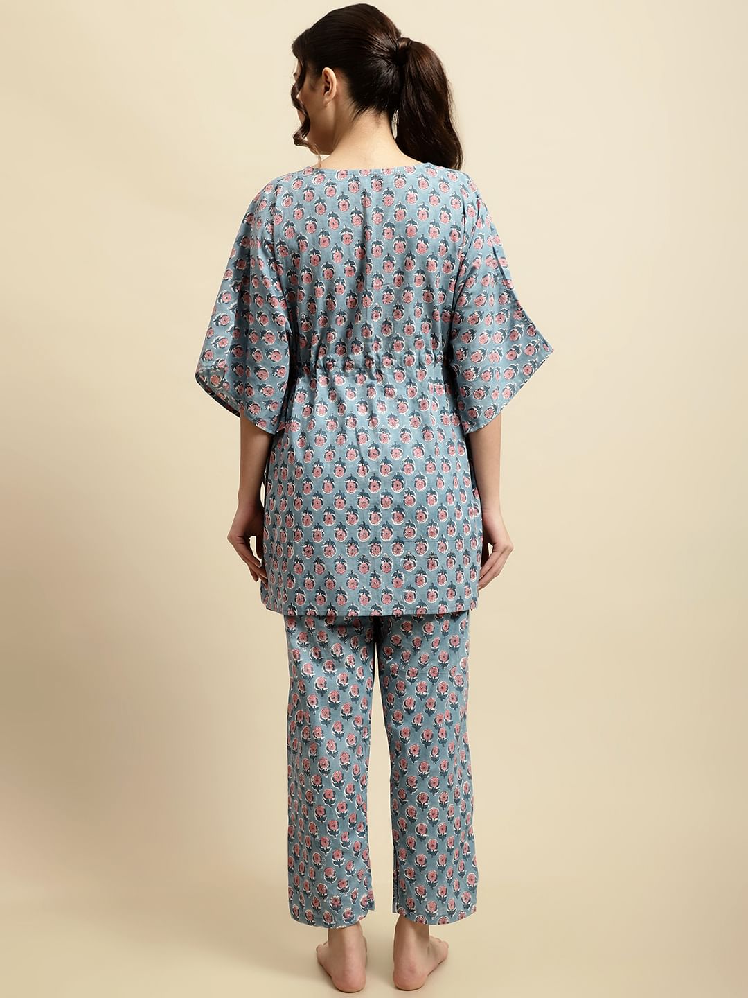 Blue & Pink Floral Block Print Kaftan Night Suit