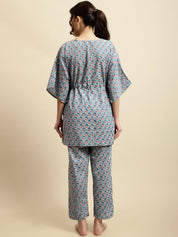 Blue & Pink Floral Block Print Kaftan Night Suit