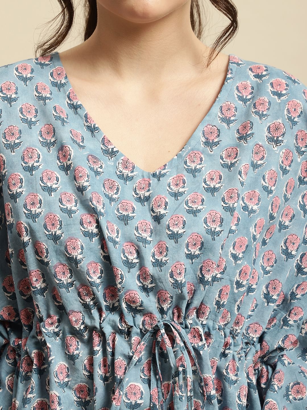 Blue & Pink Floral Block Print Kaftan Night Suit