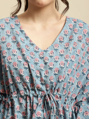 Blue & Pink Floral Block Print Kaftan Night Suit