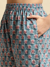 Blue & Pink Floral Block Print Kaftan Night Suit