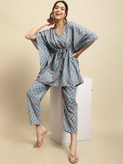 Blue & Pink Floral Block Print Kaftan Night Suit