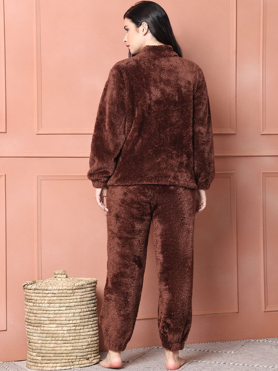 Brown Faux Fur Winter Night Suit