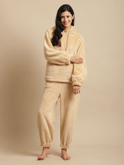 Beige Faux Fur Winter Night Suit