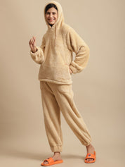 Beige Faux Fur Winter Night Suit