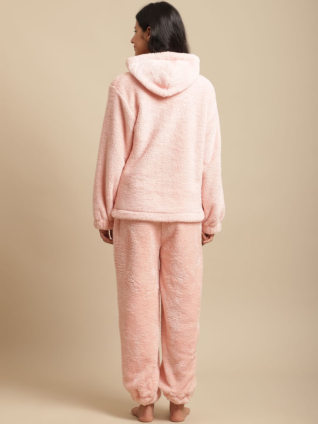 Light Pink Faux Fur Zip Closure Winter Night Suit