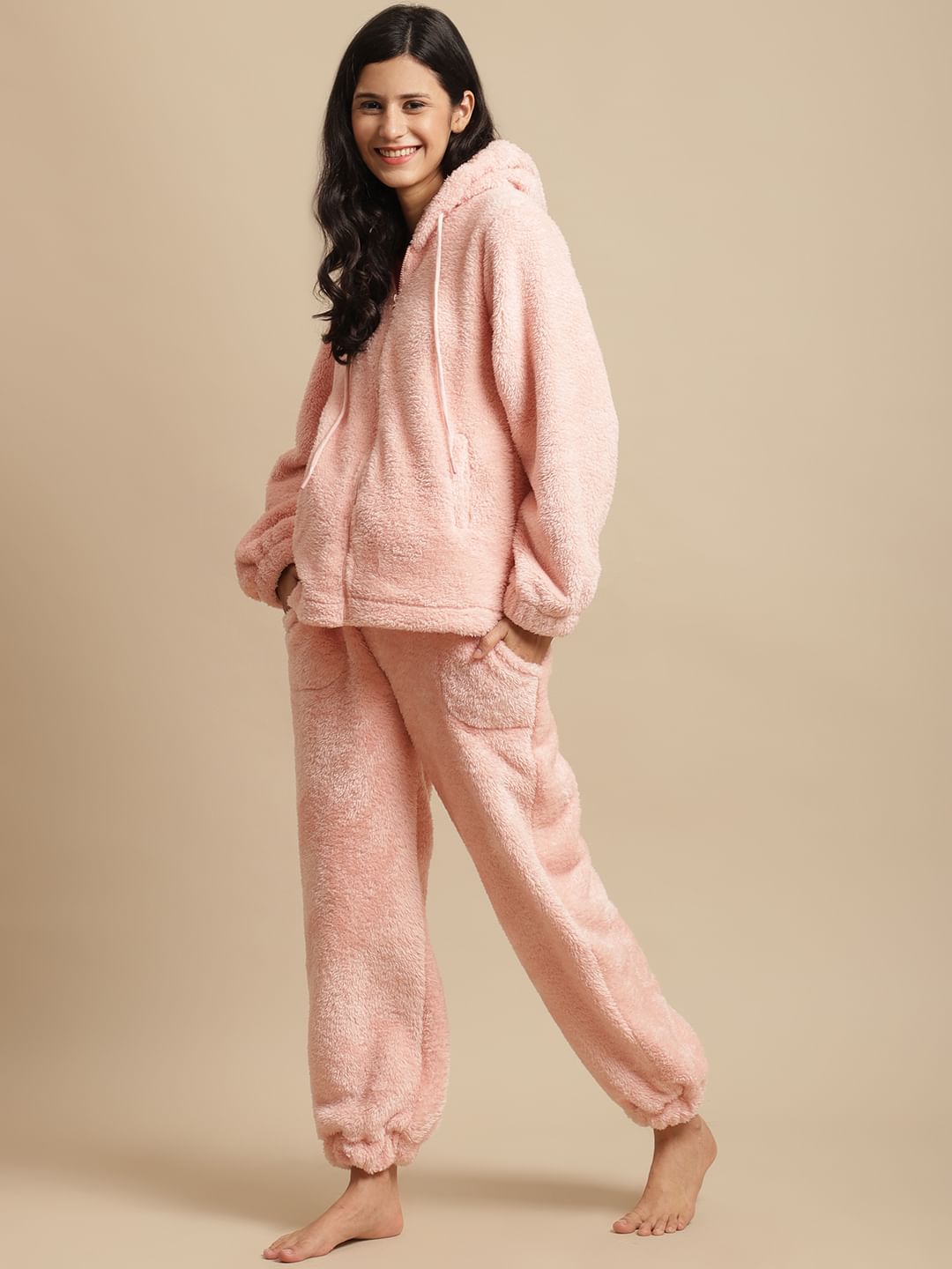 Light Pink Faux Fur Zip Closure Winter Night Suit